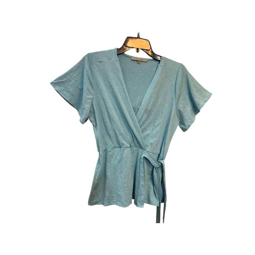 Alex And Parker Light Blue Short Sleeve Side Tie Blouse Size Small